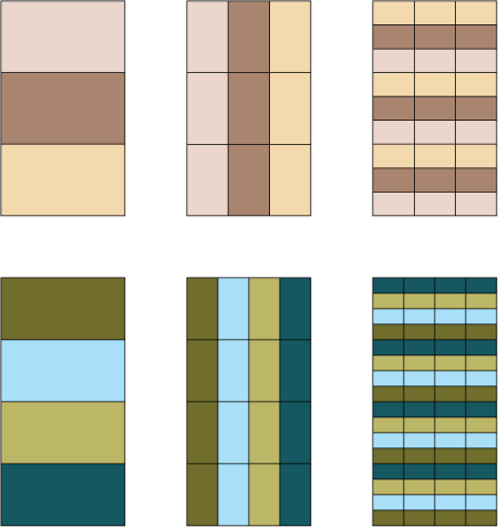 Construction for n-reptiles, shown for 3 and 4.  Can you work out the edge lengths of the shapes?